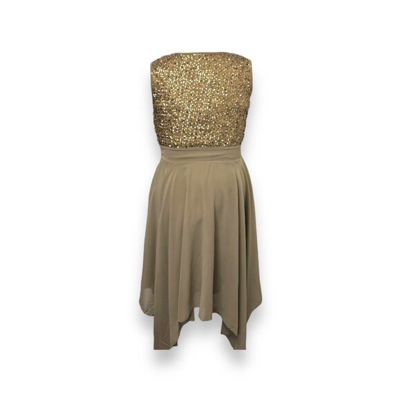 Sequin Embellished Venus Womens Dress V-Neck Sleeveless Khaki & Gold A-Line US S - Picture 5 of 11